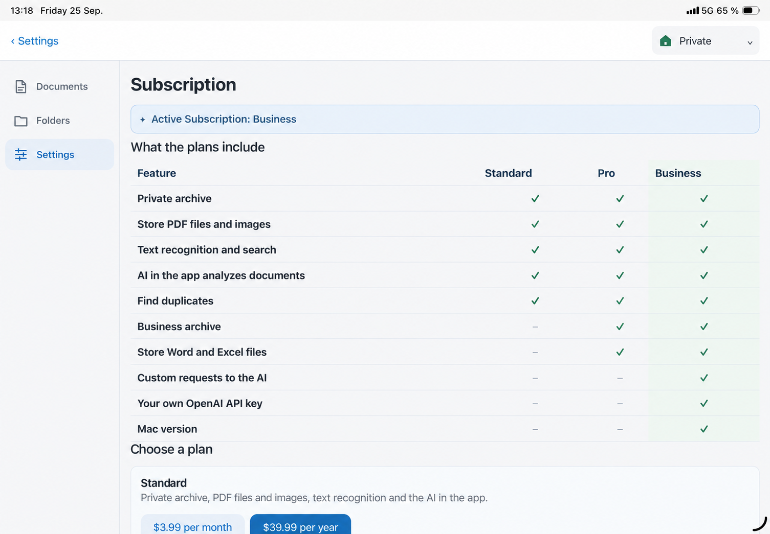 Plan comparison on iPad