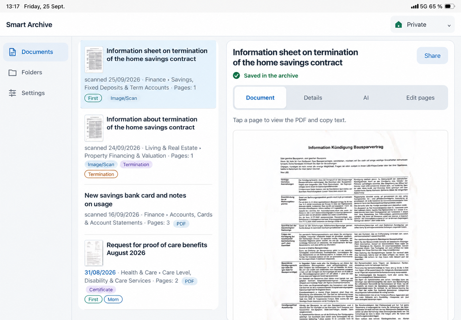 Smart Archive on iPad: document list and open document