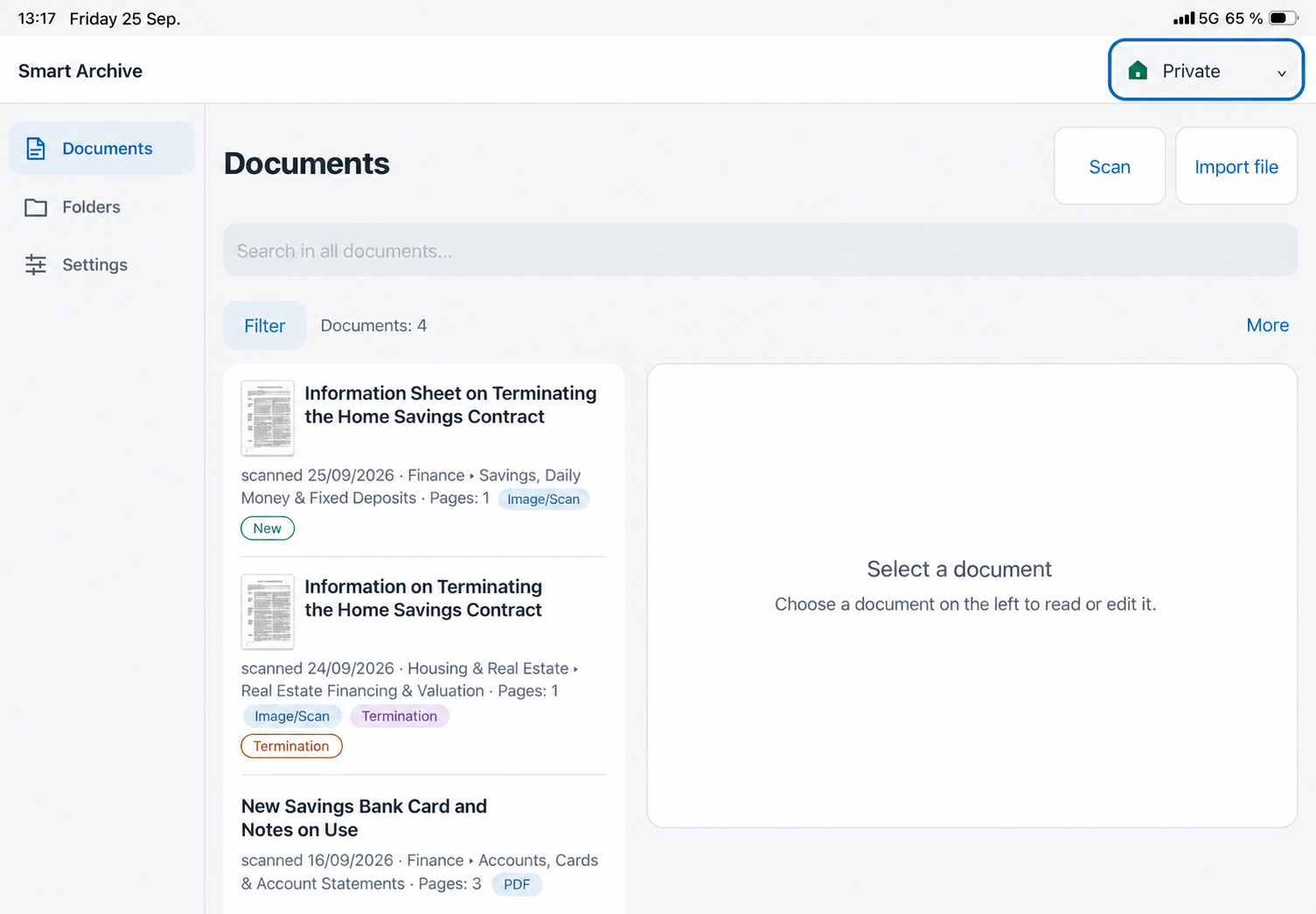 Document list on iPad with sidebar