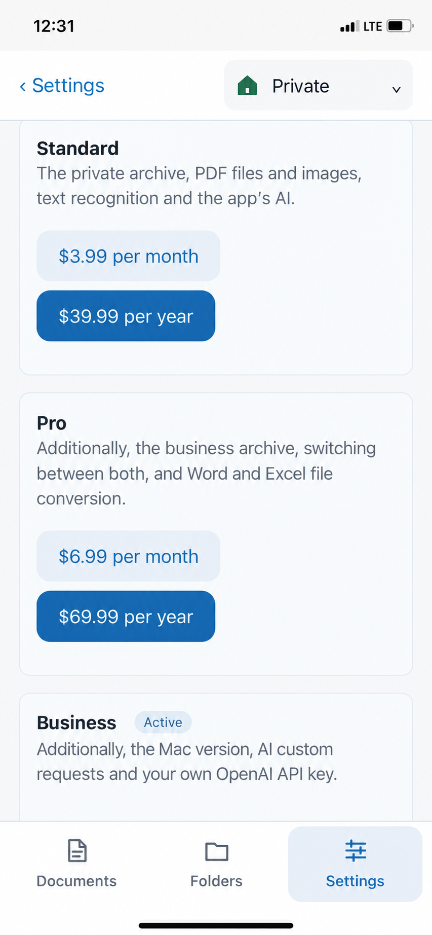 Standard, Pro and Business plans with prices