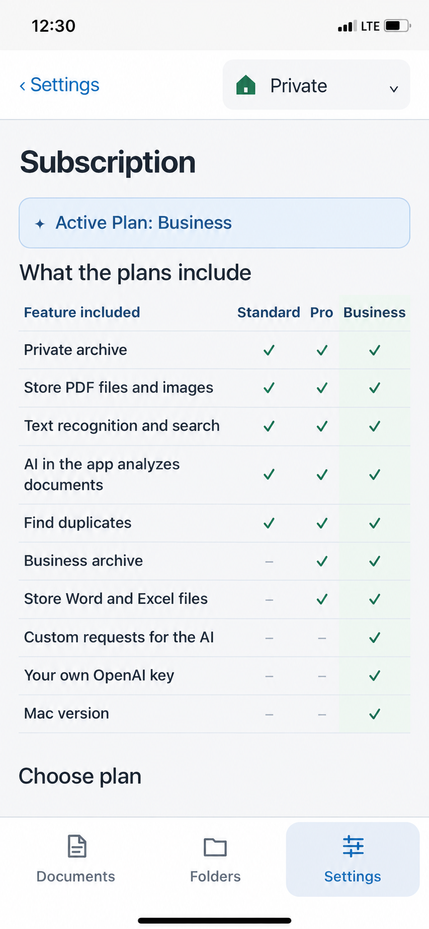 Subscription page with active plan and comparison table