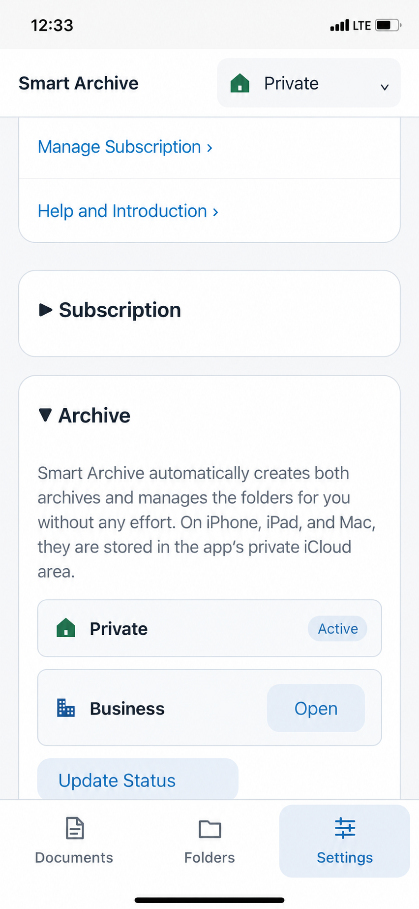 Archives section with Private active and Business open