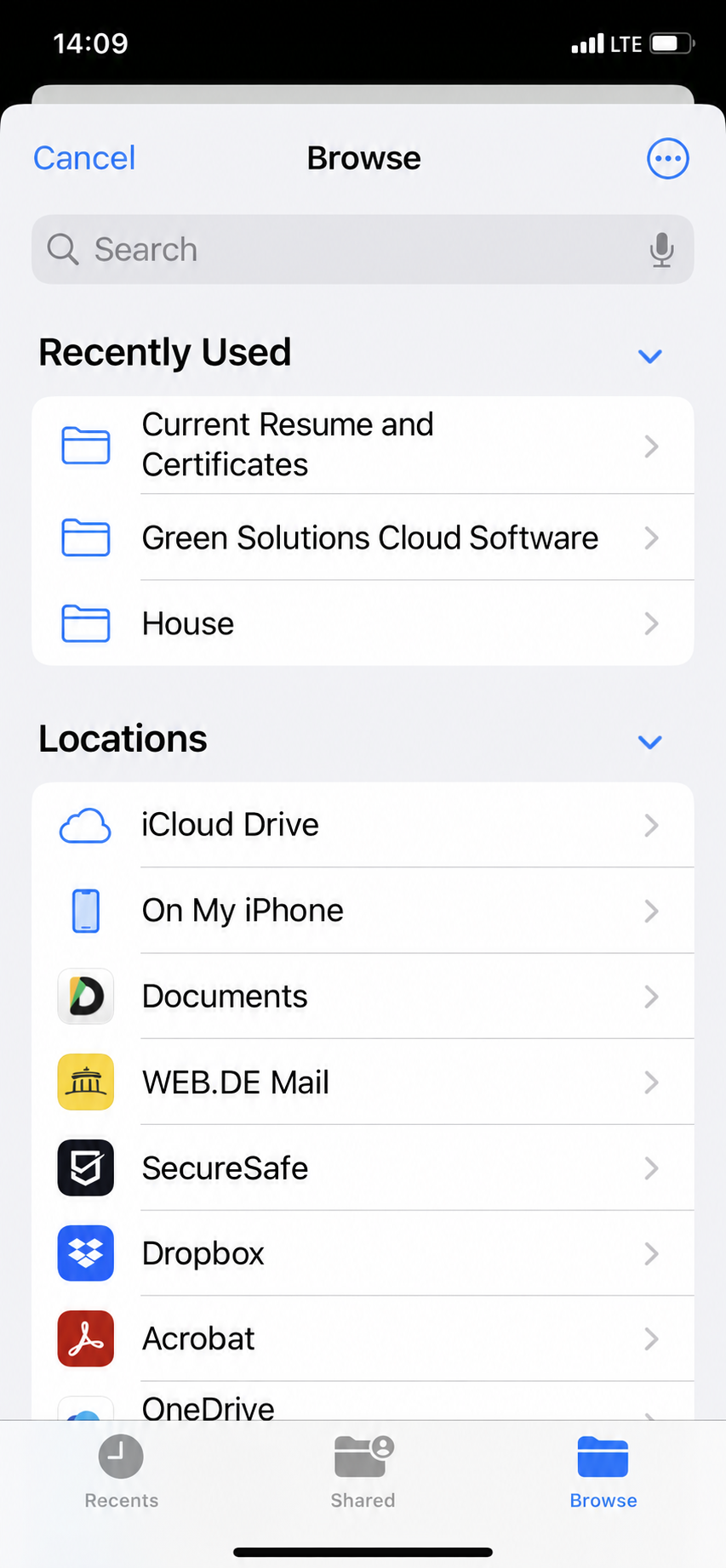 File picker with Recents and Locations