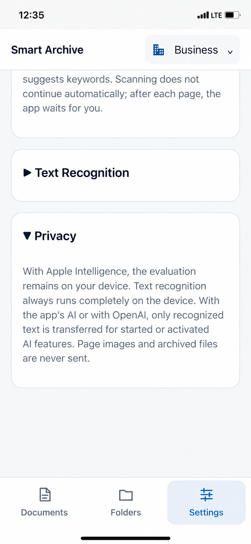 Privacy section in Settings