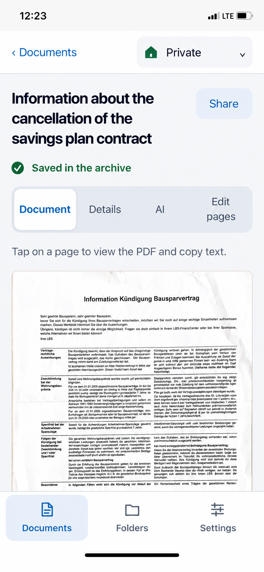 Document saved in the archive