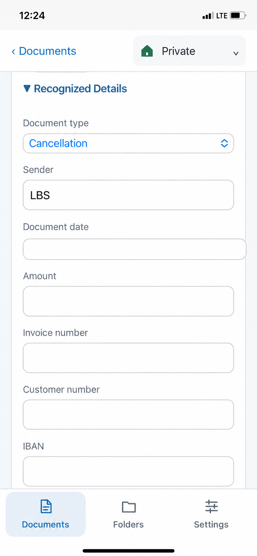 Recognised details such as document type and sender