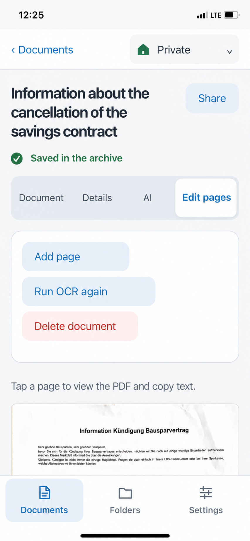 Edit pages tab with Add page, Run OCR again and Delete document