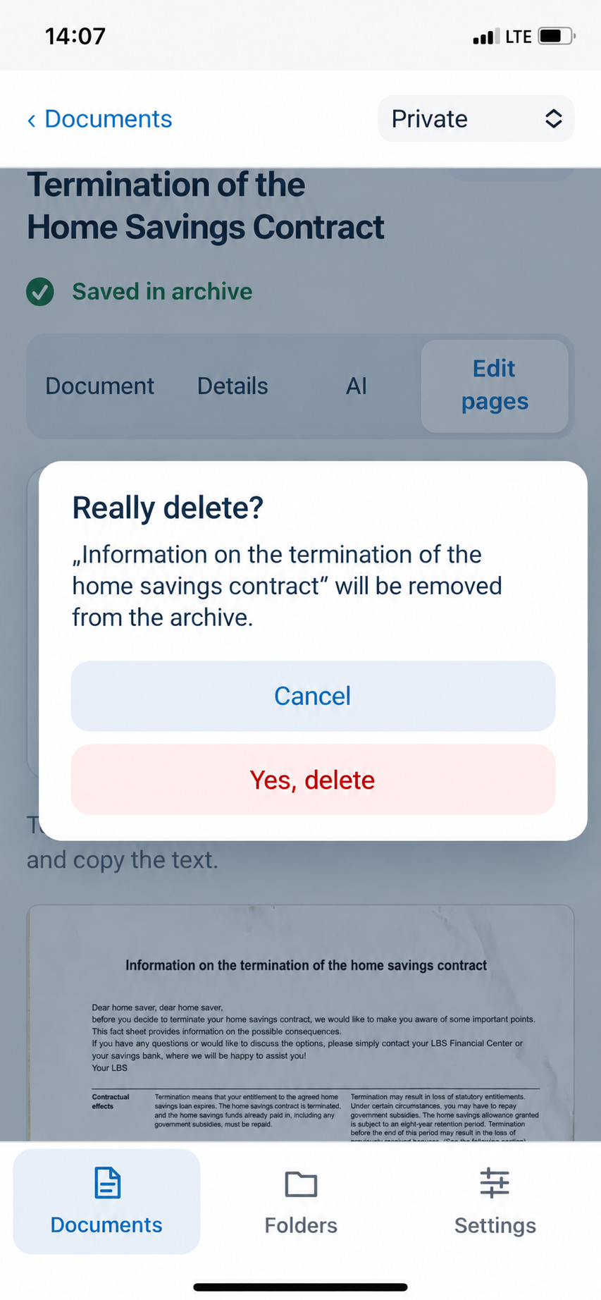 Confirmation dialog Delete permanently with Yes, delete