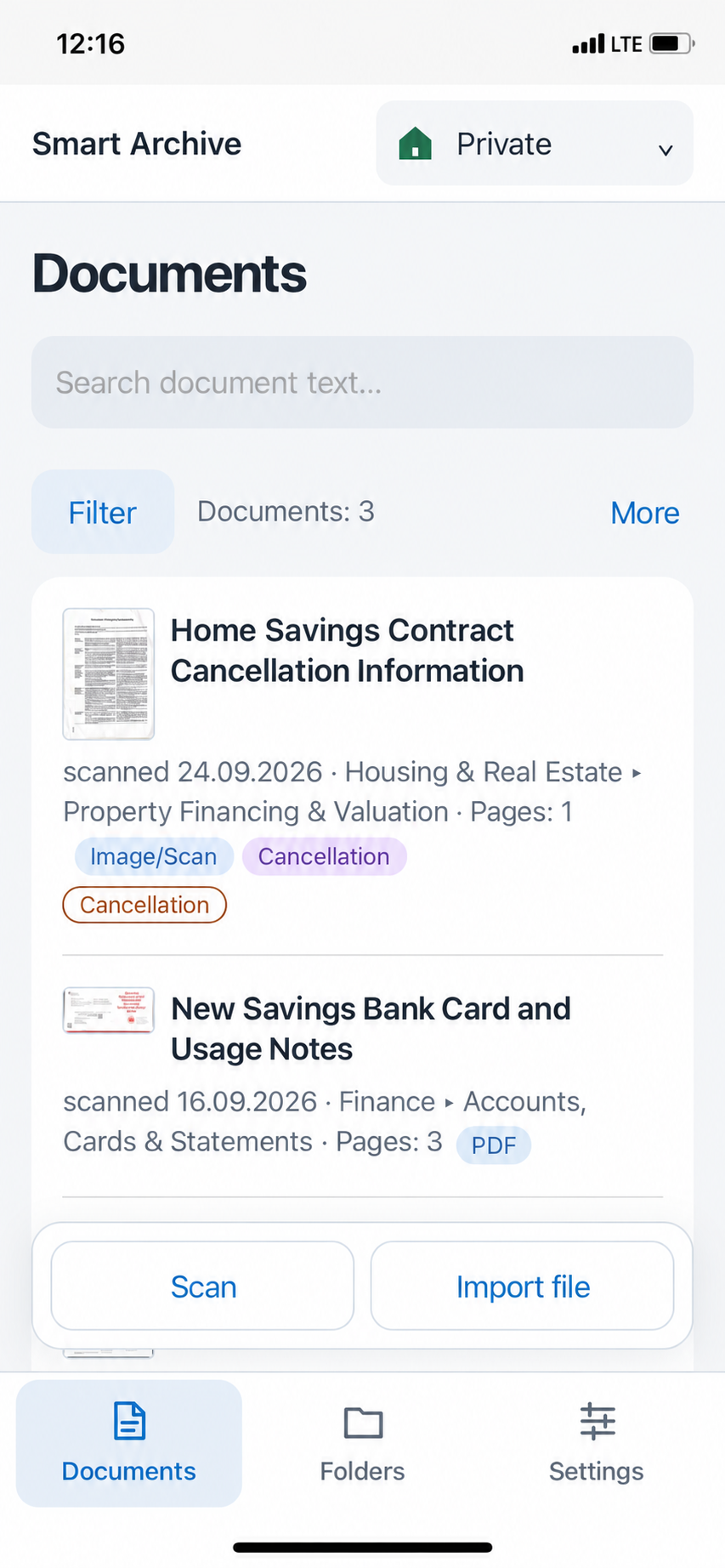 Smart Archive on iPhone: documents