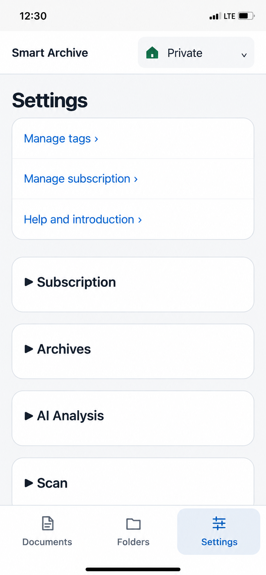 Settings with Manage tags, Manage subscription, Help and expandable sections