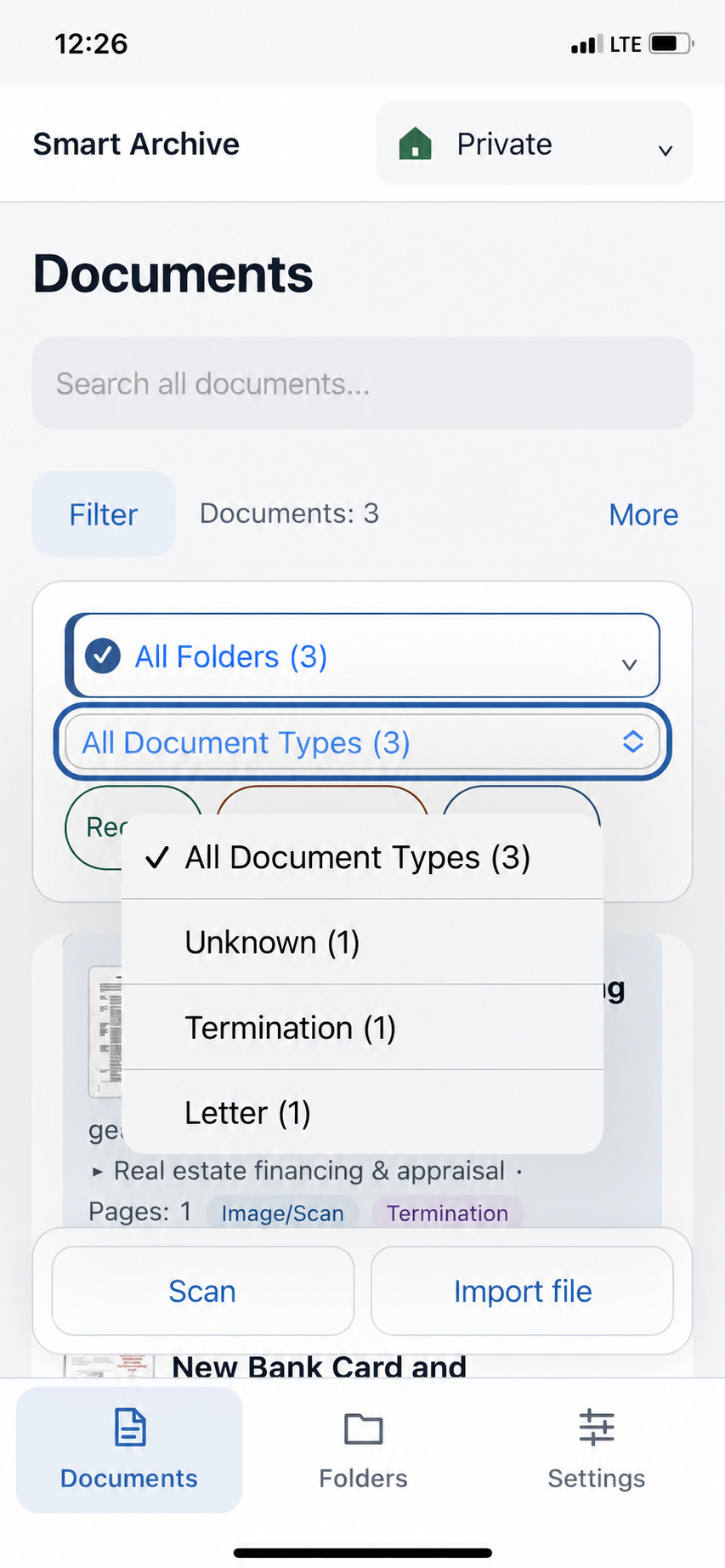 Document type selection in the filter