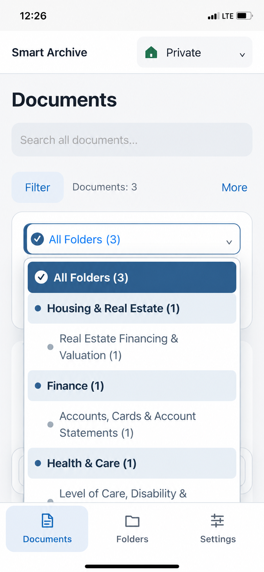 Folder selection in the filter