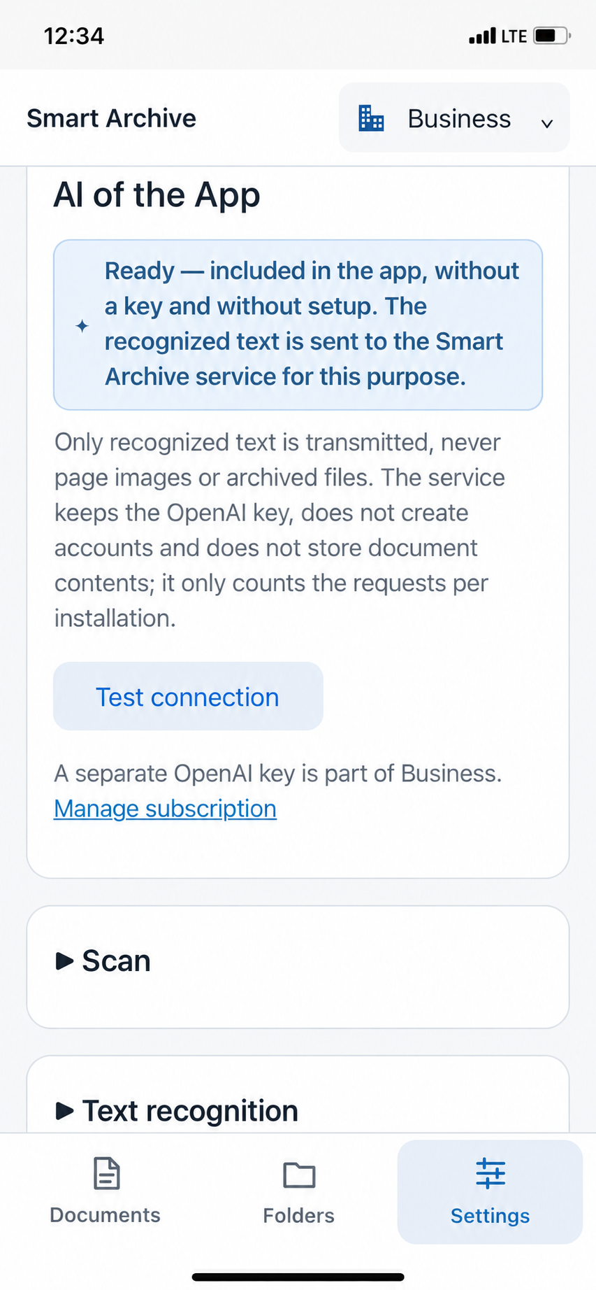 App AI with Test connection