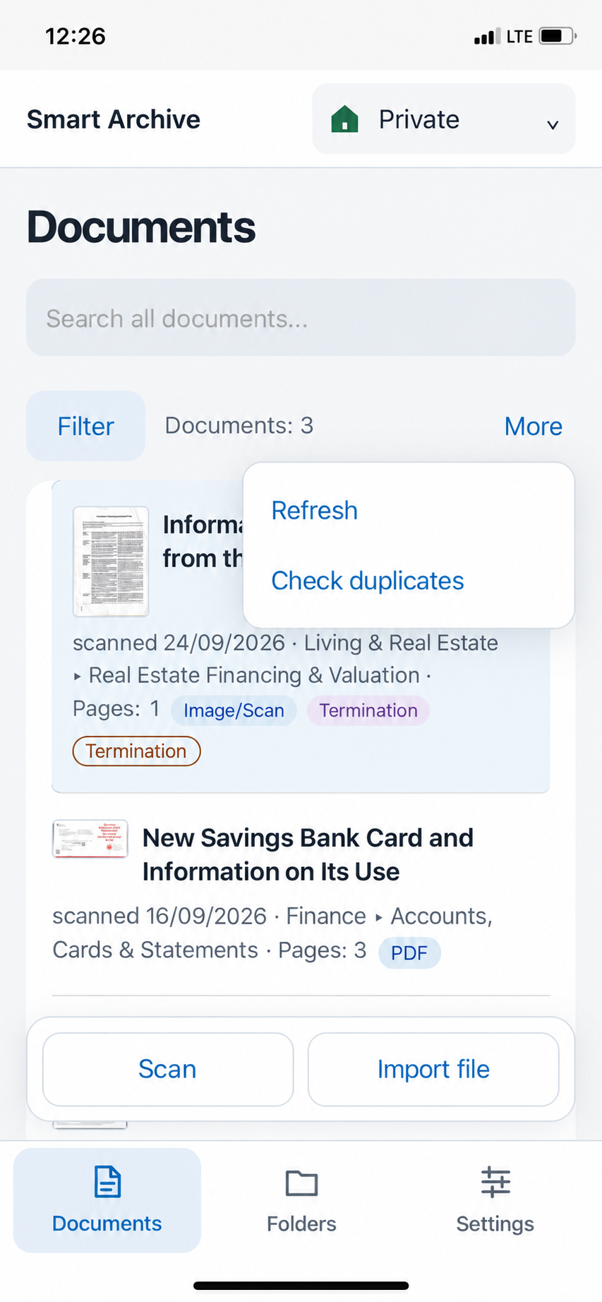 More menu with Refresh and Check duplicates