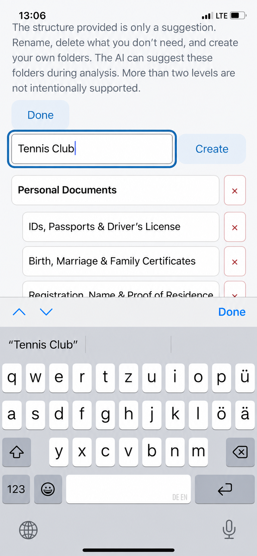 Creating the new top-level folder Tennis club