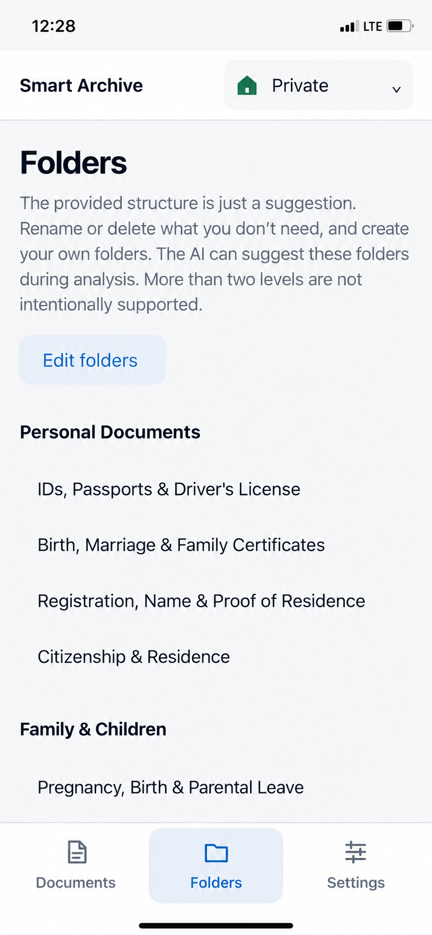 Folder overview with Edit folders