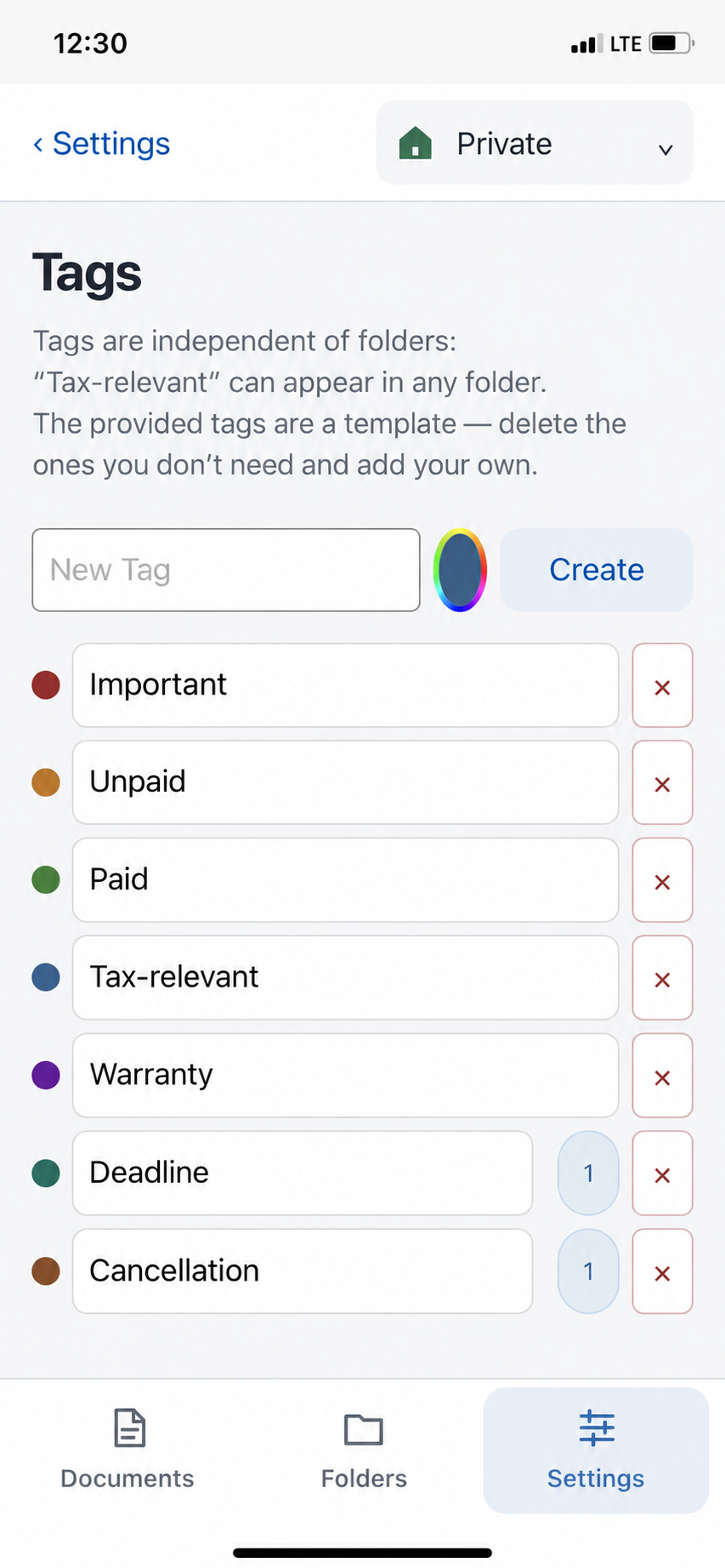 Manage tags with colour wheel, counters and delete buttons