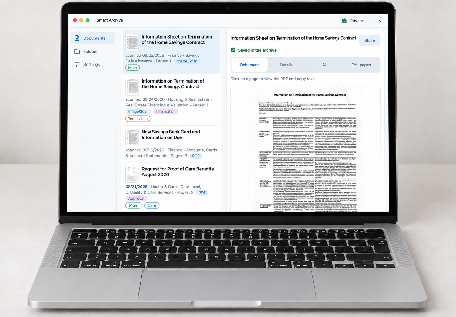 Smart Archive on Mac: document list and document view