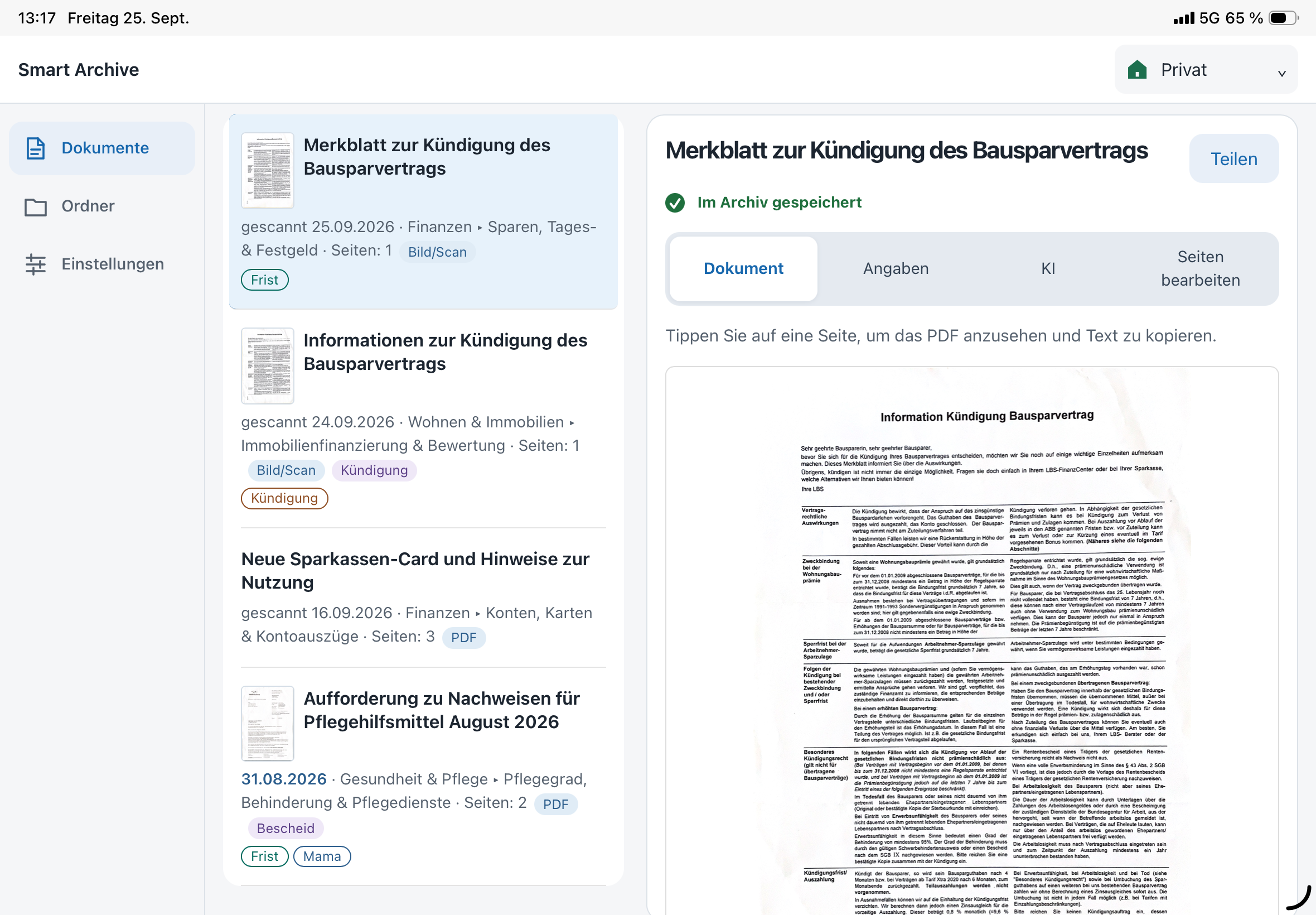 Smart Archive auf dem iPad: Dokumentliste und geöffnetes Dokument