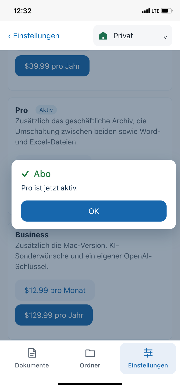 Bestätigung Pro ist jetzt aktiv