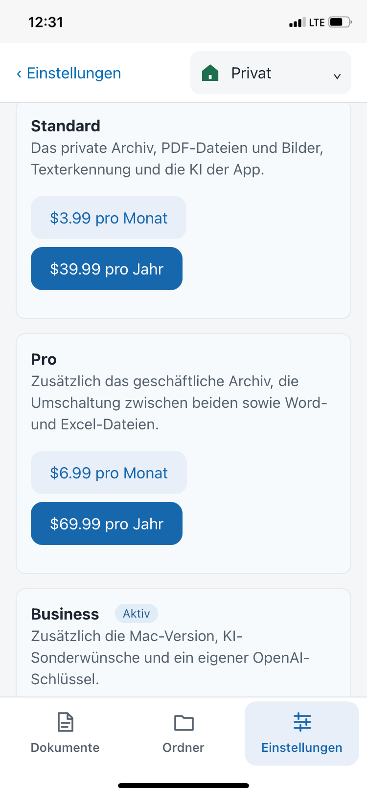 Stufen Standard, Pro und Business mit Preisen
