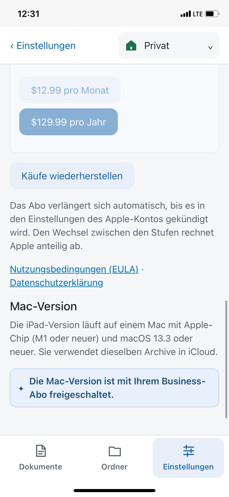 Käufe wiederherstellen und Hinweis zur Mac-Version