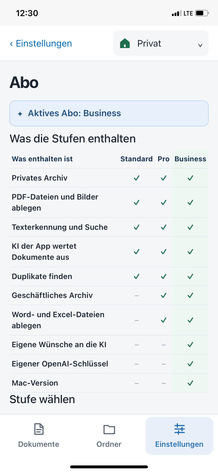 Abo-Seite mit aktivem Abo und Vergleichstabelle