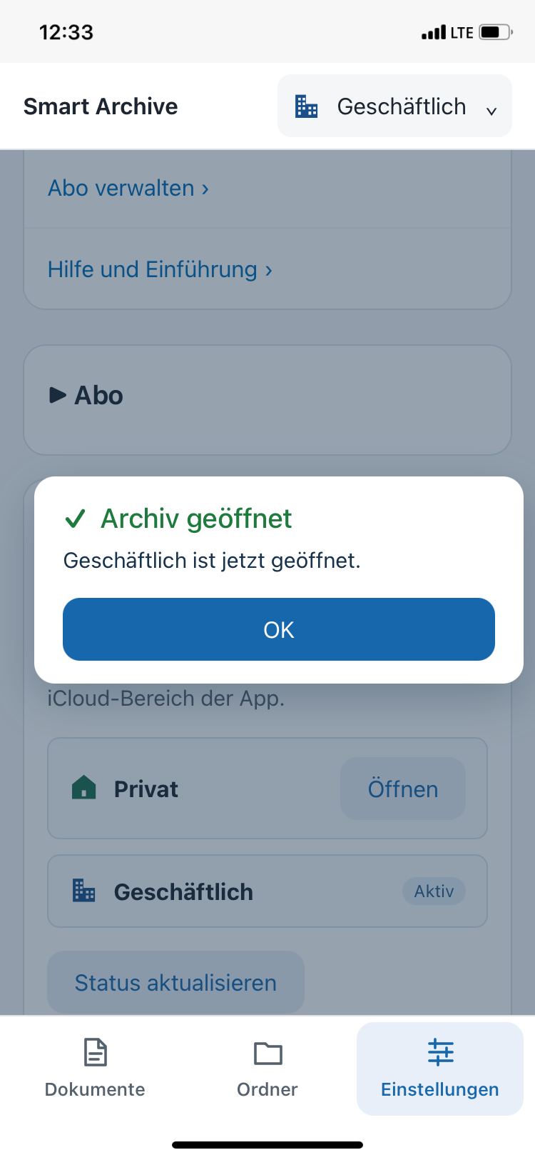 Meldung Archiv geöffnet