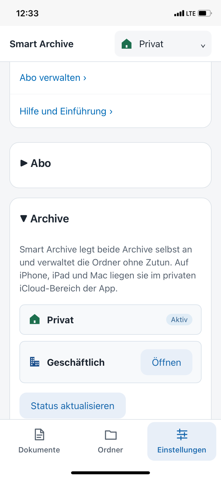 Bereich Archive mit Privat aktiv und Geschäftlich öffnen