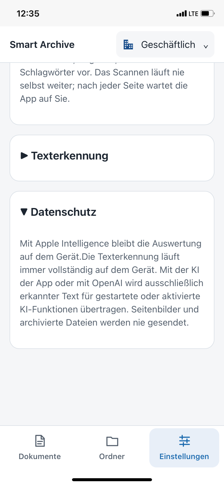Bereich Datenschutz in den Einstellungen
