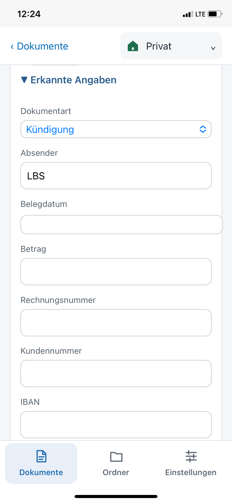 Erkannte Angaben wie Dokumentart und Absender