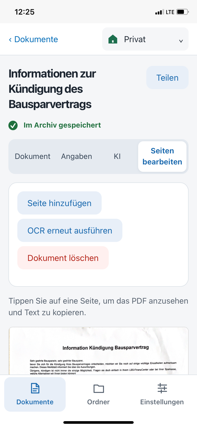 Reiter Seiten bearbeiten mit Seite hinzufügen, OCR erneut ausführen und Dokument löschen