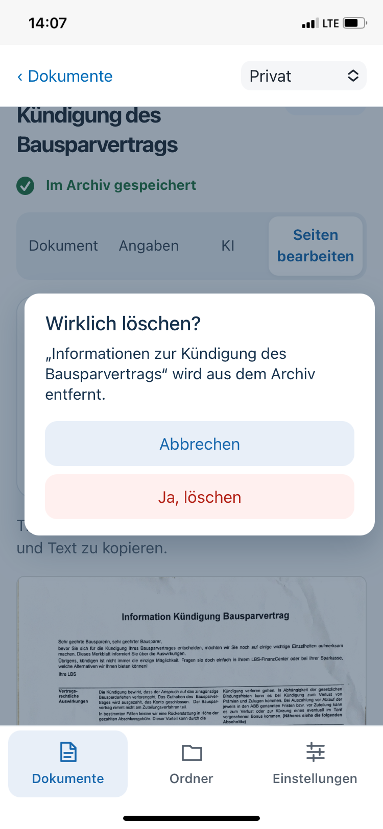 Rückfrage Wirklich löschen mit Ja, löschen
