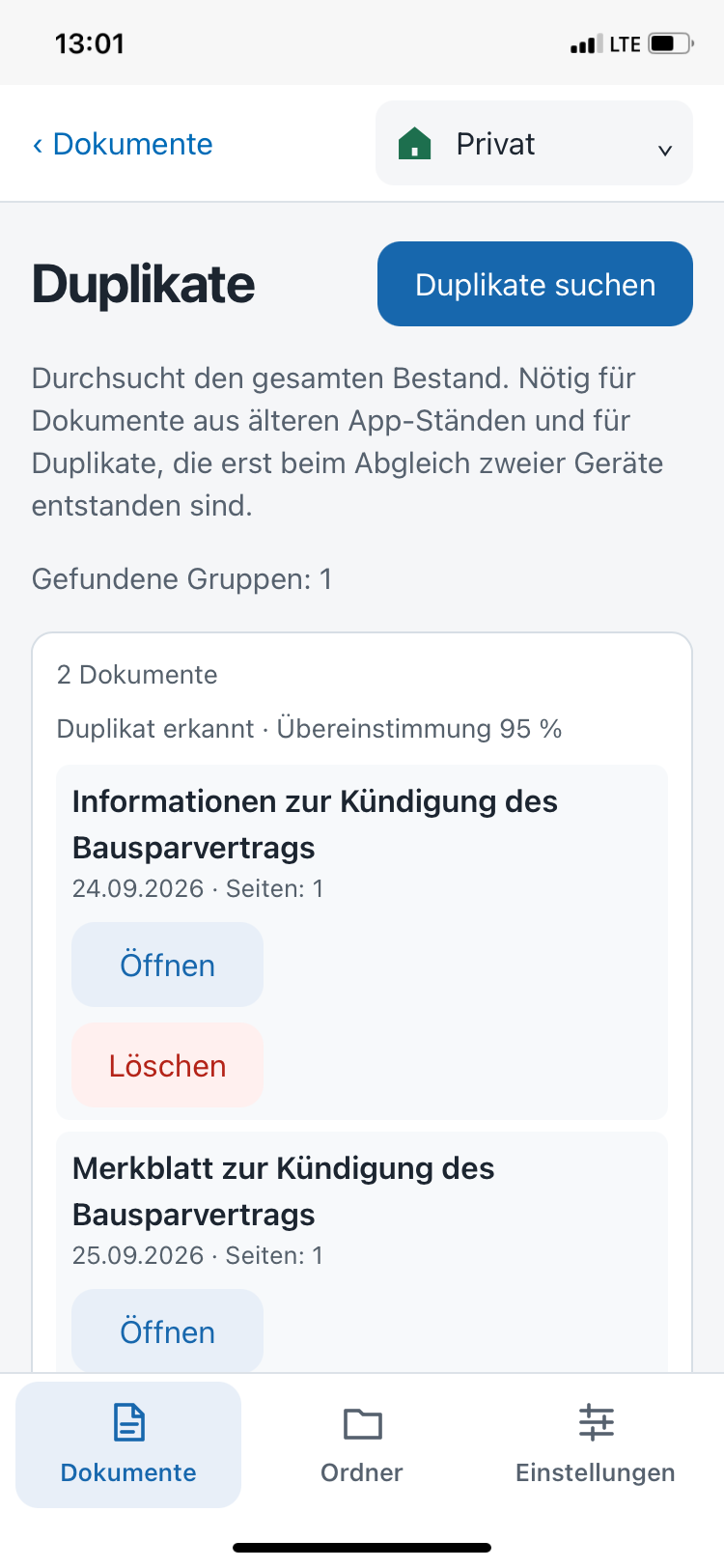 Gefundene Duplikatgruppe mit Öffnen und Löschen