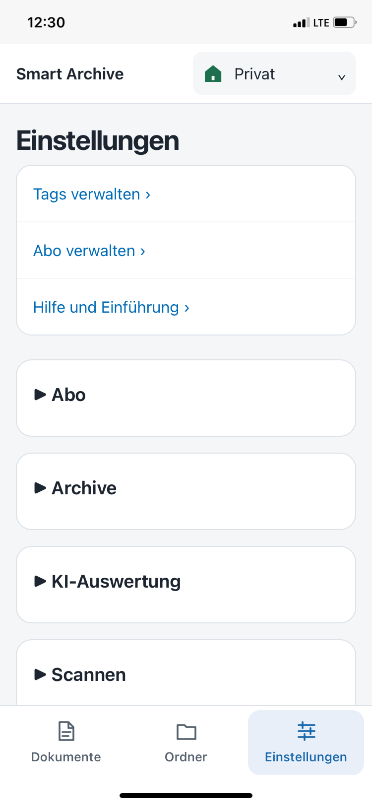 Einstellungen mit Tags verwalten, Abo verwalten, Hilfe und aufklappbaren Bereichen
