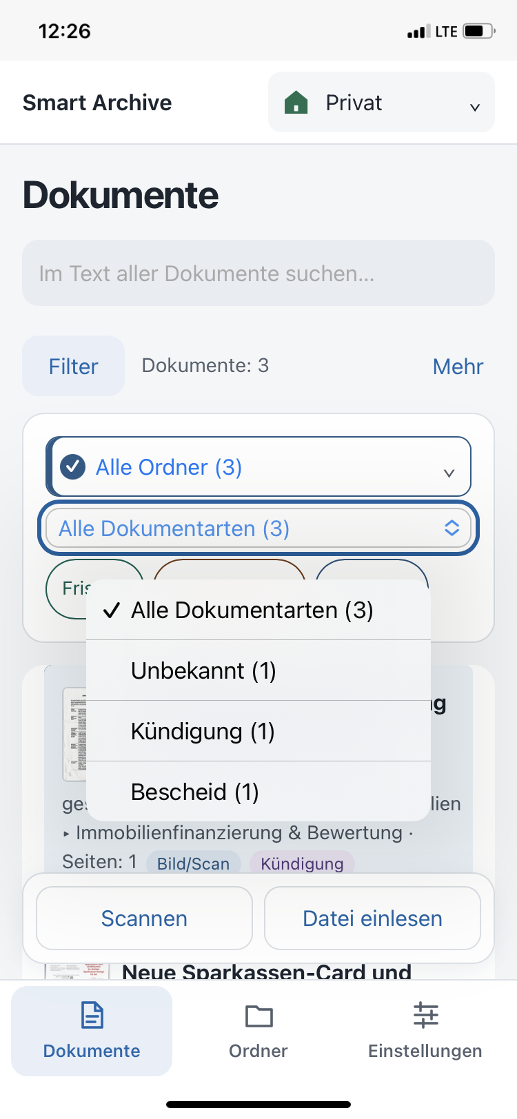 Auswahl der Dokumentarten im Filter
