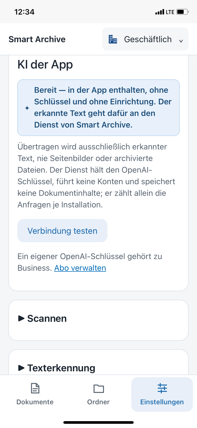 KI der App mit Verbindung testen