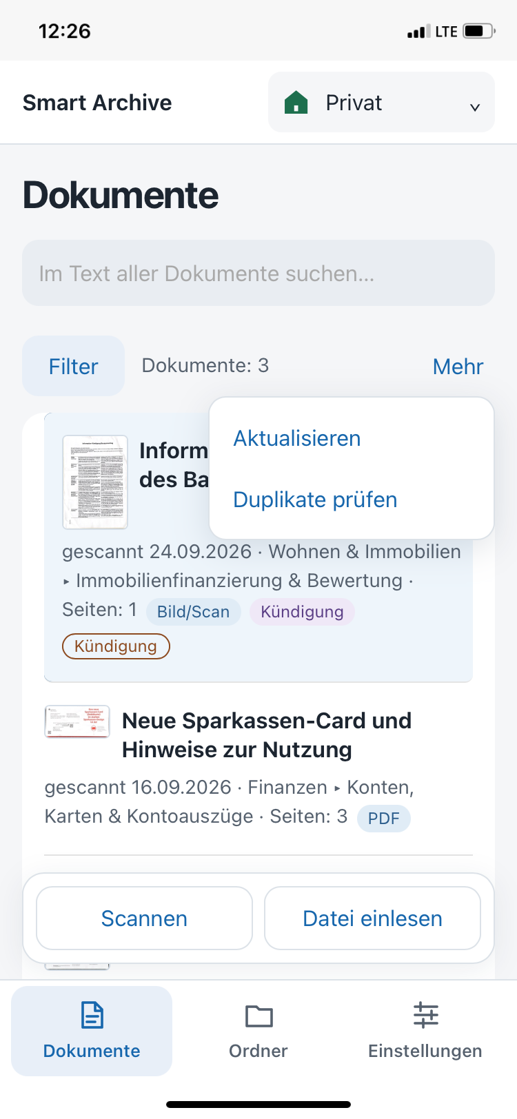 Menü Mehr mit Aktualisieren und Duplikate prüfen