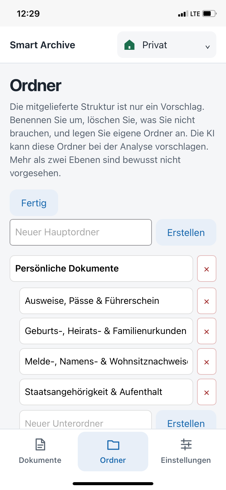 Bearbeitungsmodus mit Eingabefeldern und Löschtasten