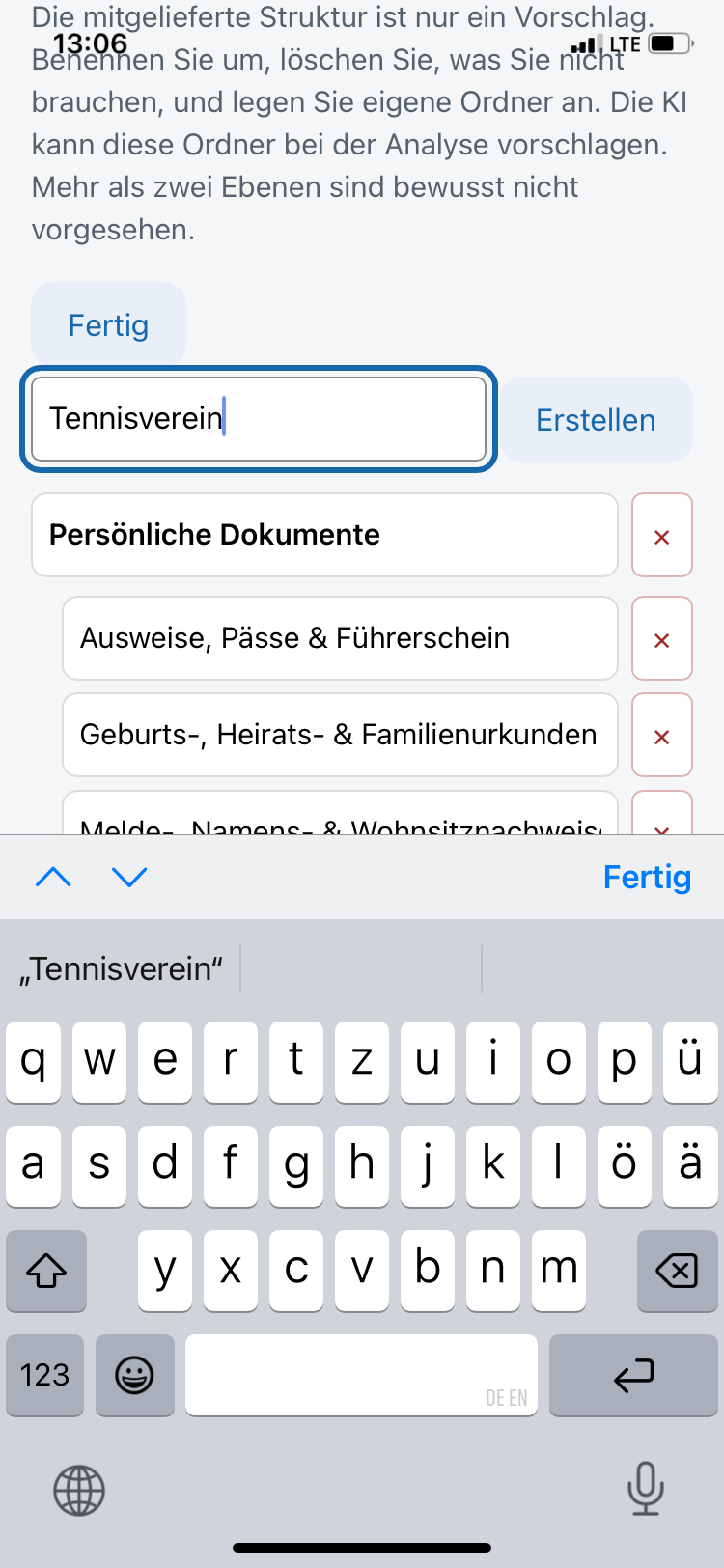 Neuen Hauptordner Tennisverein erstellen