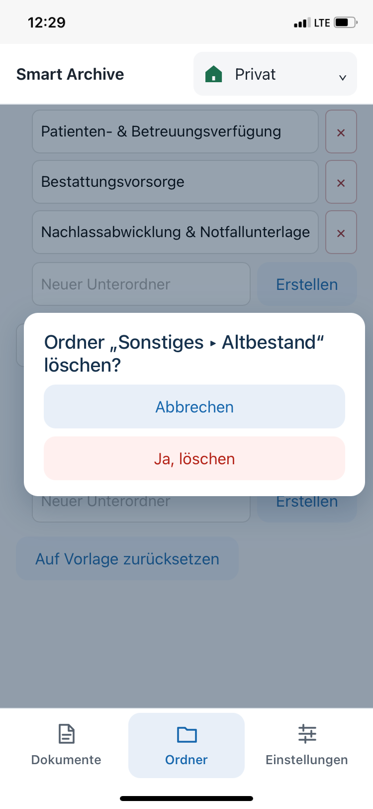 Rückfrage beim Löschen eines Ordners