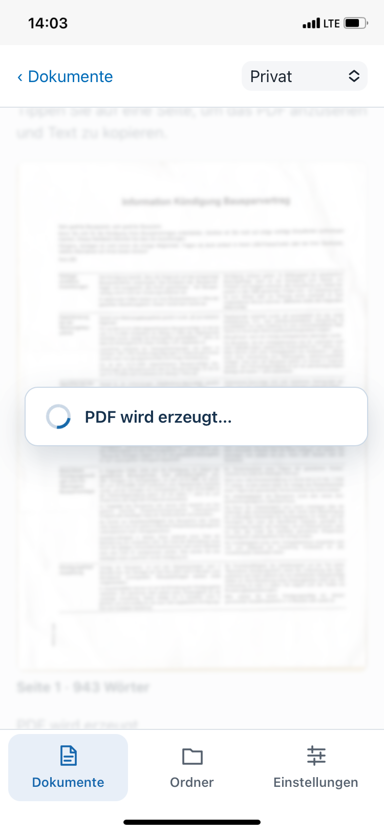 Meldung PDF wird erzeugt