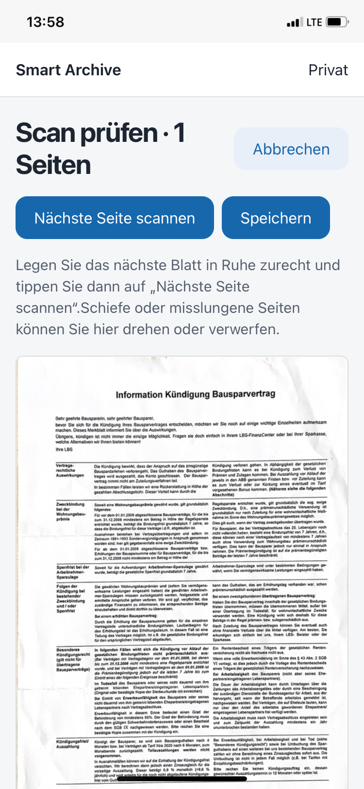 Scan prüfen mit Nächste Seite scannen und Speichern