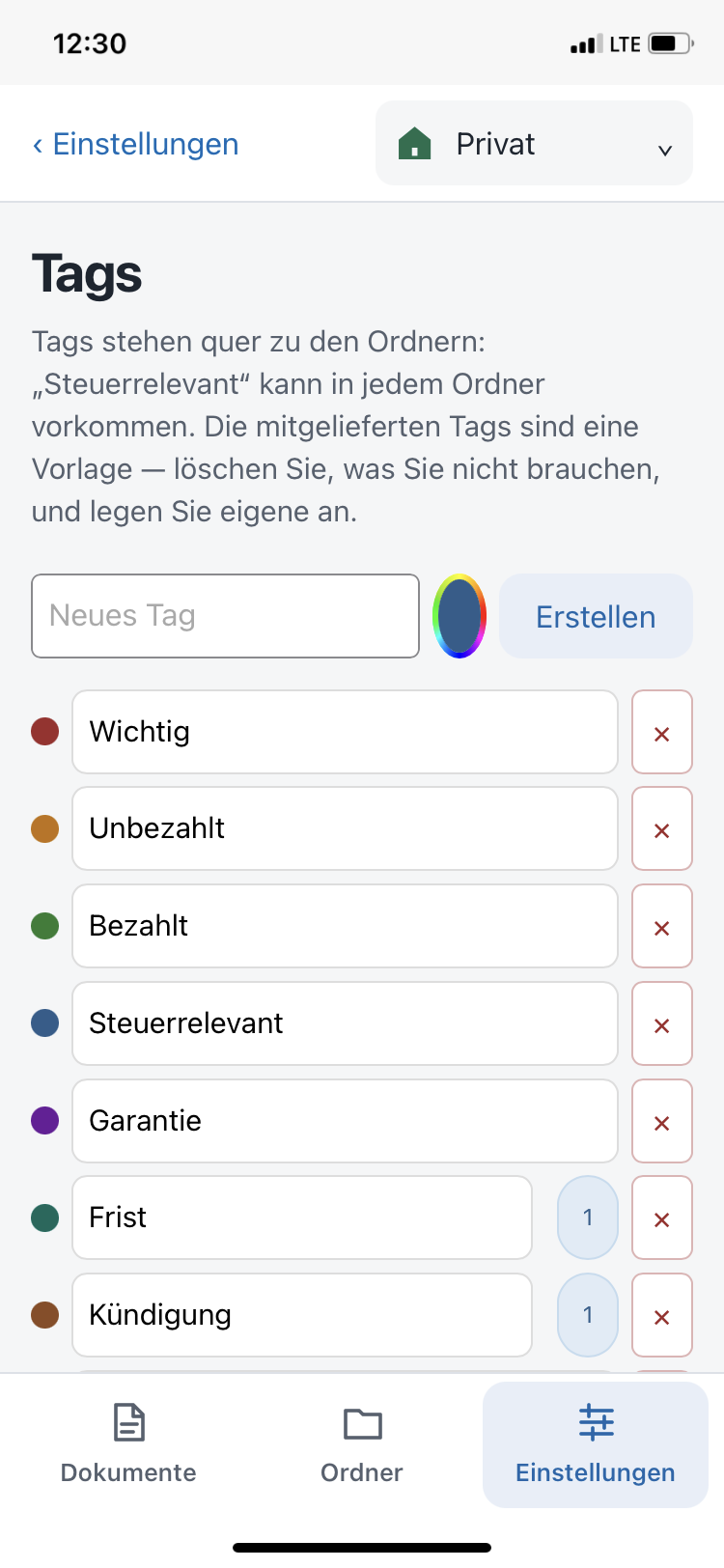 Tags verwalten mit Farbkreis, Zählern und Löschtasten