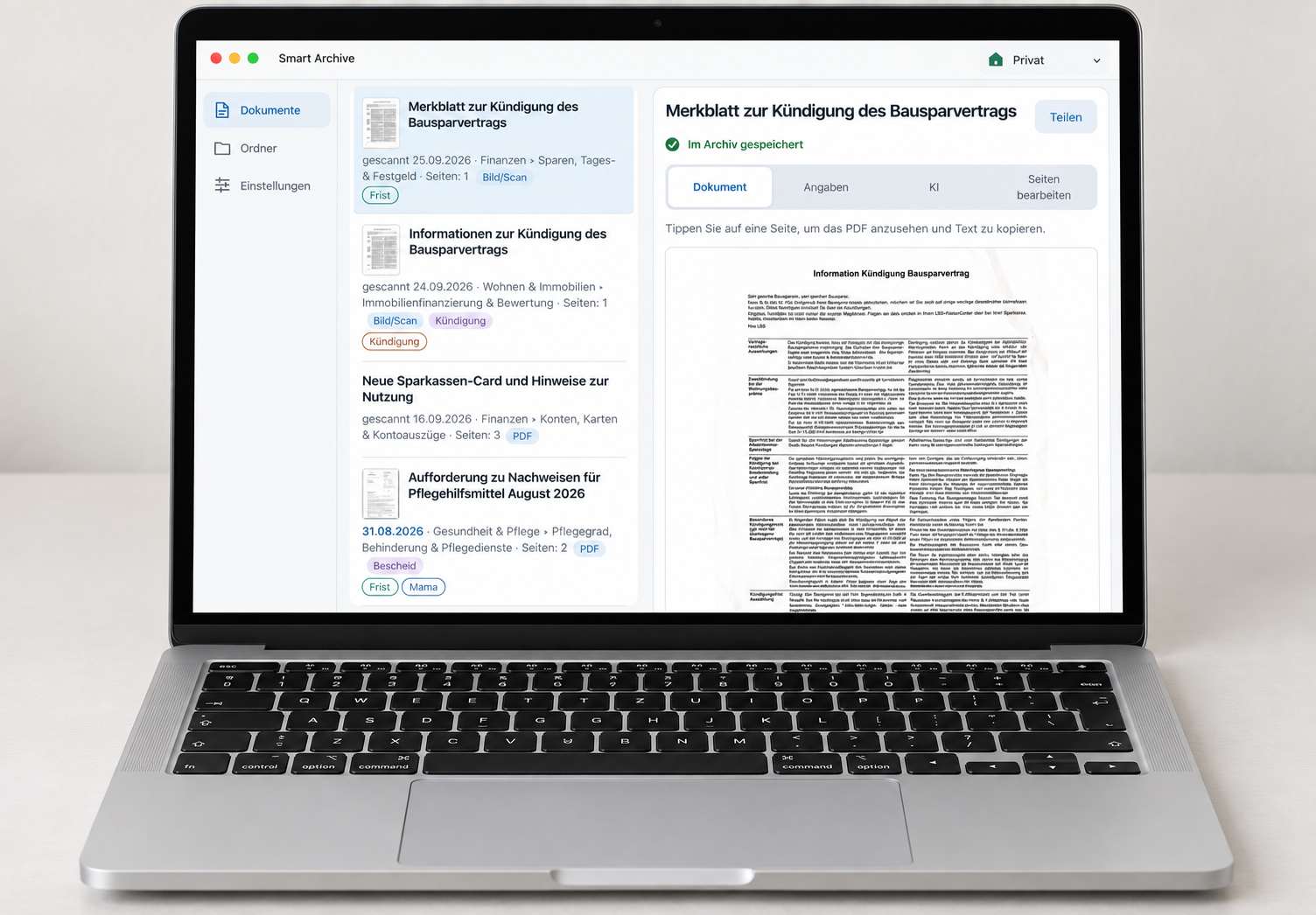 Smart Archive auf dem Mac: Dokumentliste und Dokumentansicht